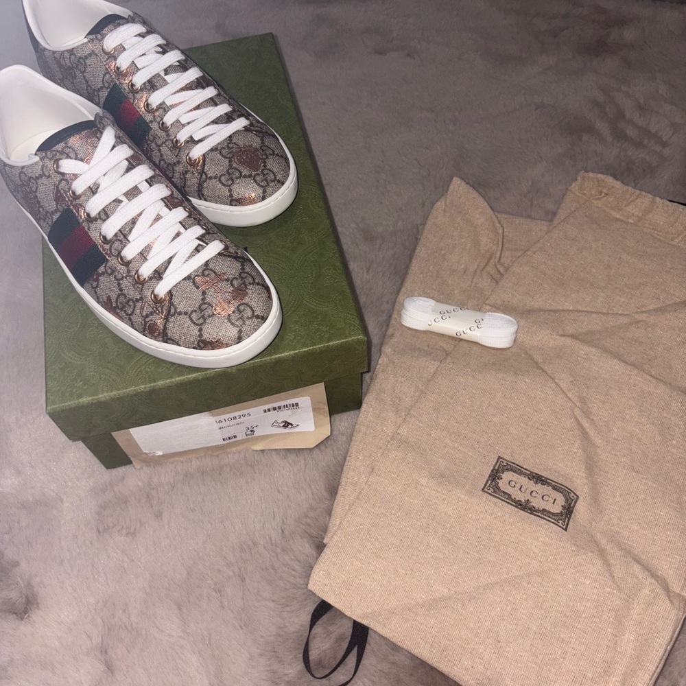 Gucci ACE Monogram Sneakers with Red and Green Gucci band